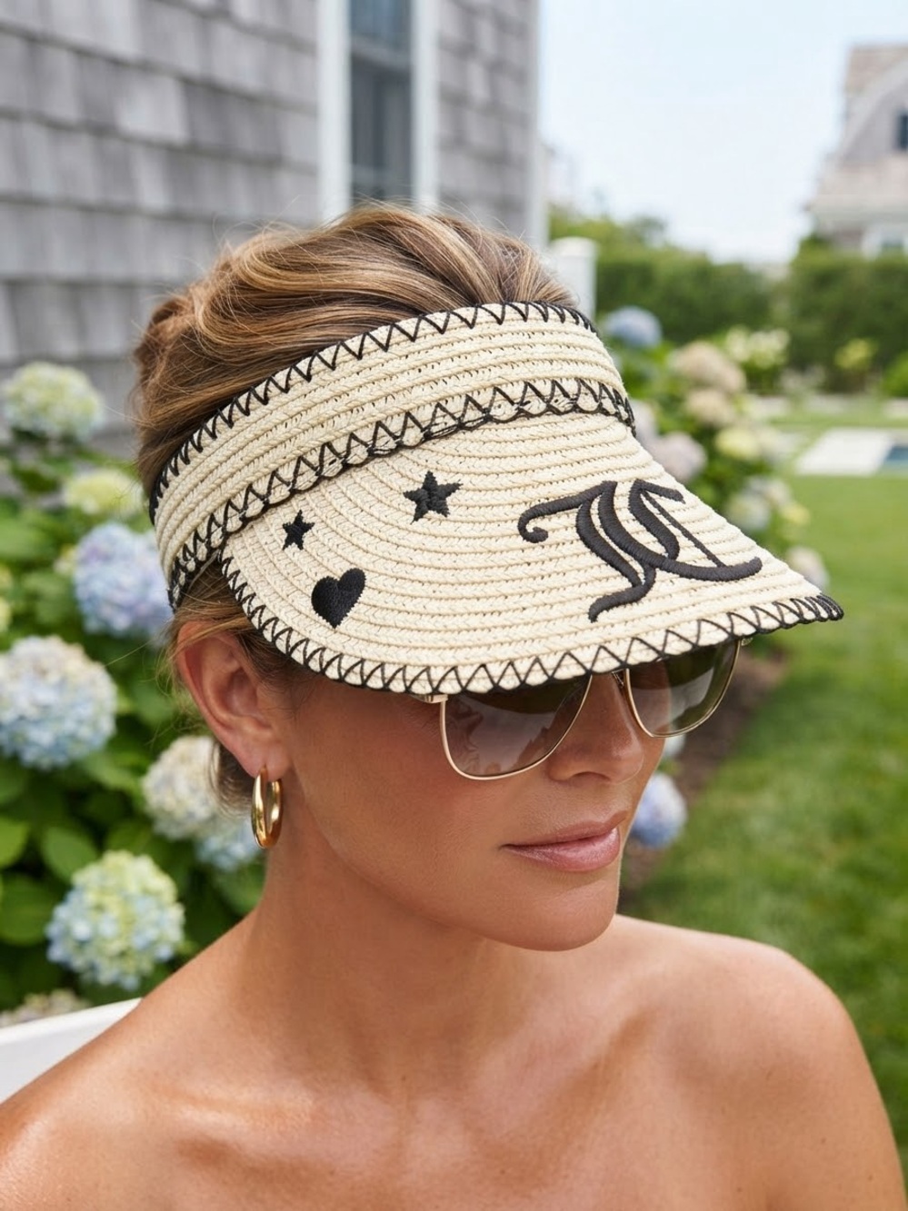 Juicy Couture Straw boat beach Raffia Sun Visor Hat embroidered LA hamptons